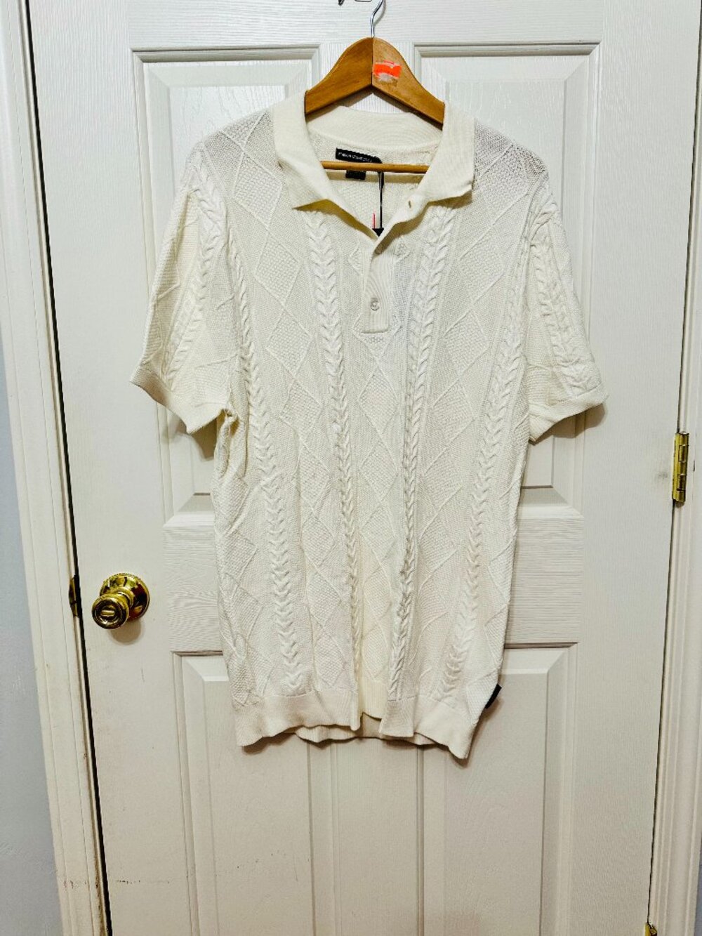 FRENCH CONNECTION IVORY CABLE KNIT COLLARED SHORT SLEEVE DRESS SHIRT POLO LARGE